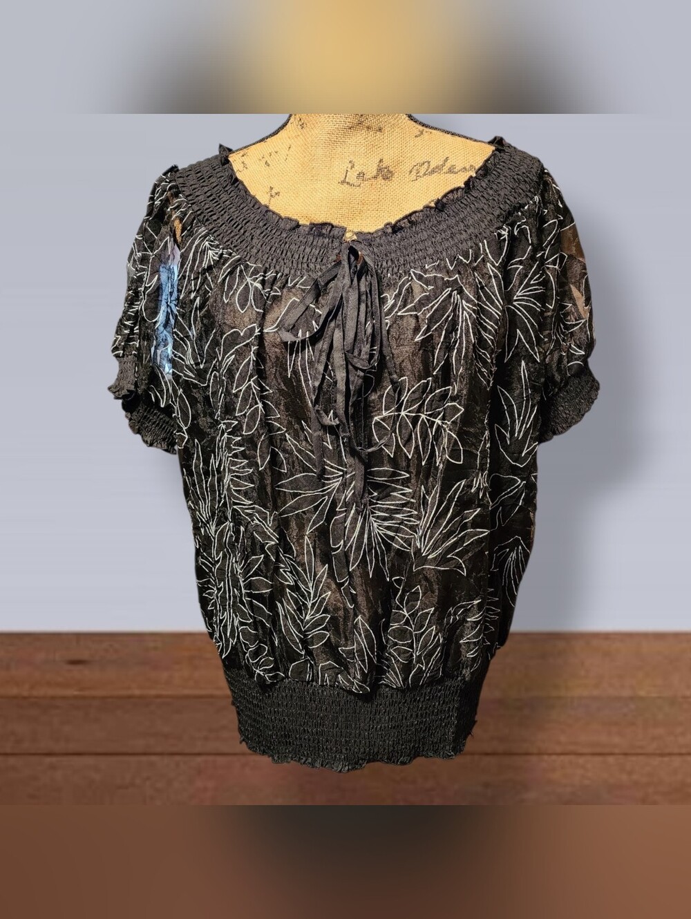 JA JA & Company Vintage Black With Palm Leaf Print Semi-Sheer Puff Sleeve Top.